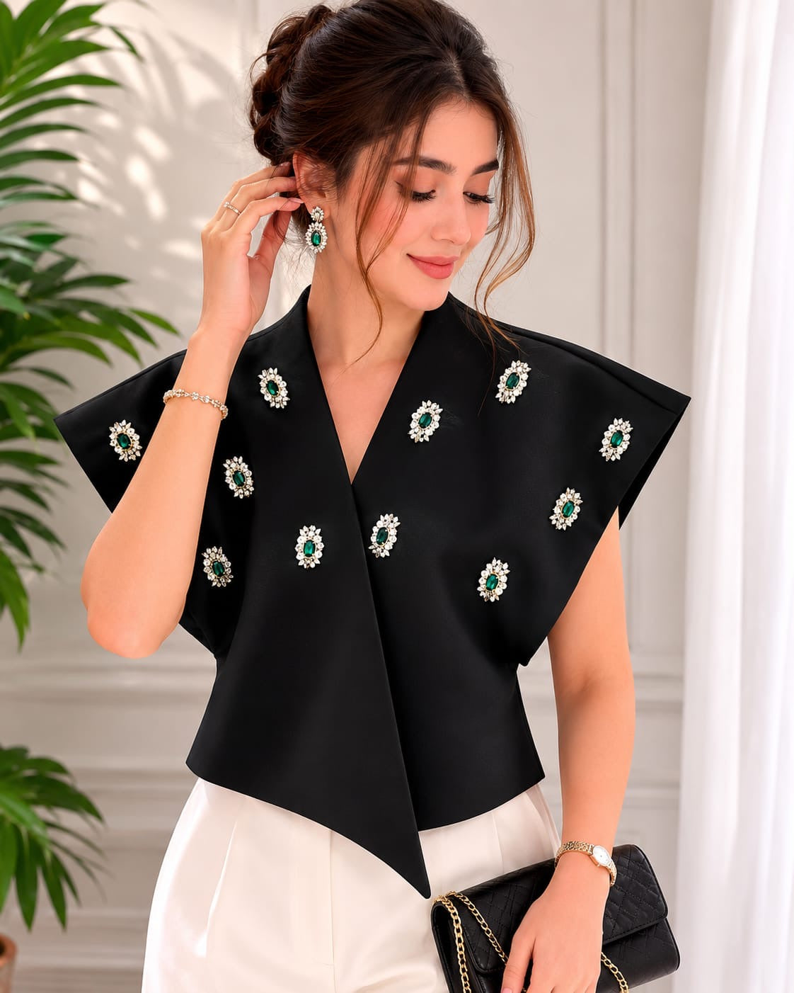 Embellished Asymmetric Structured Black Cape Top