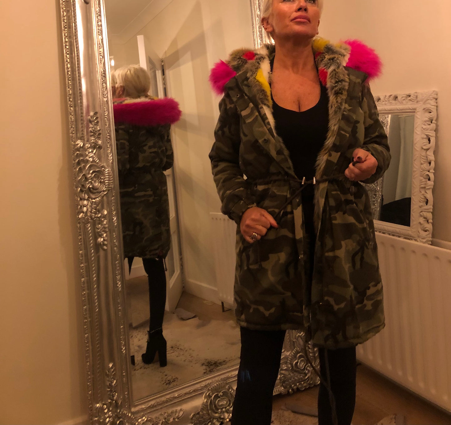 CAMO FUR LINED HOODED COAT