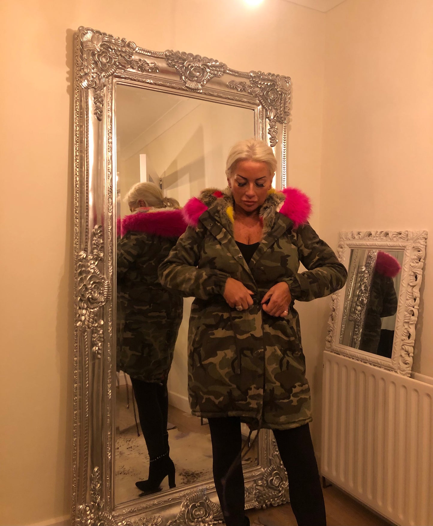 CAMO FUR LINED HOODED COAT