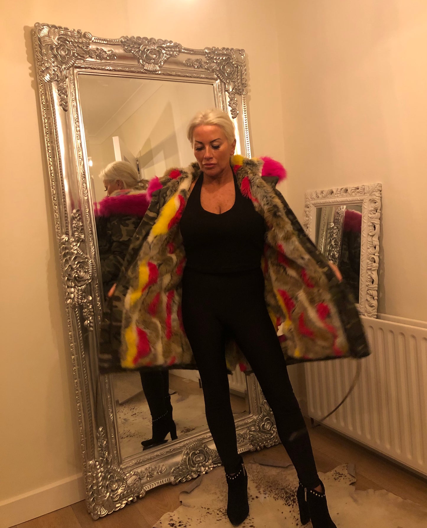 CAMO FUR LINED HOODED COAT