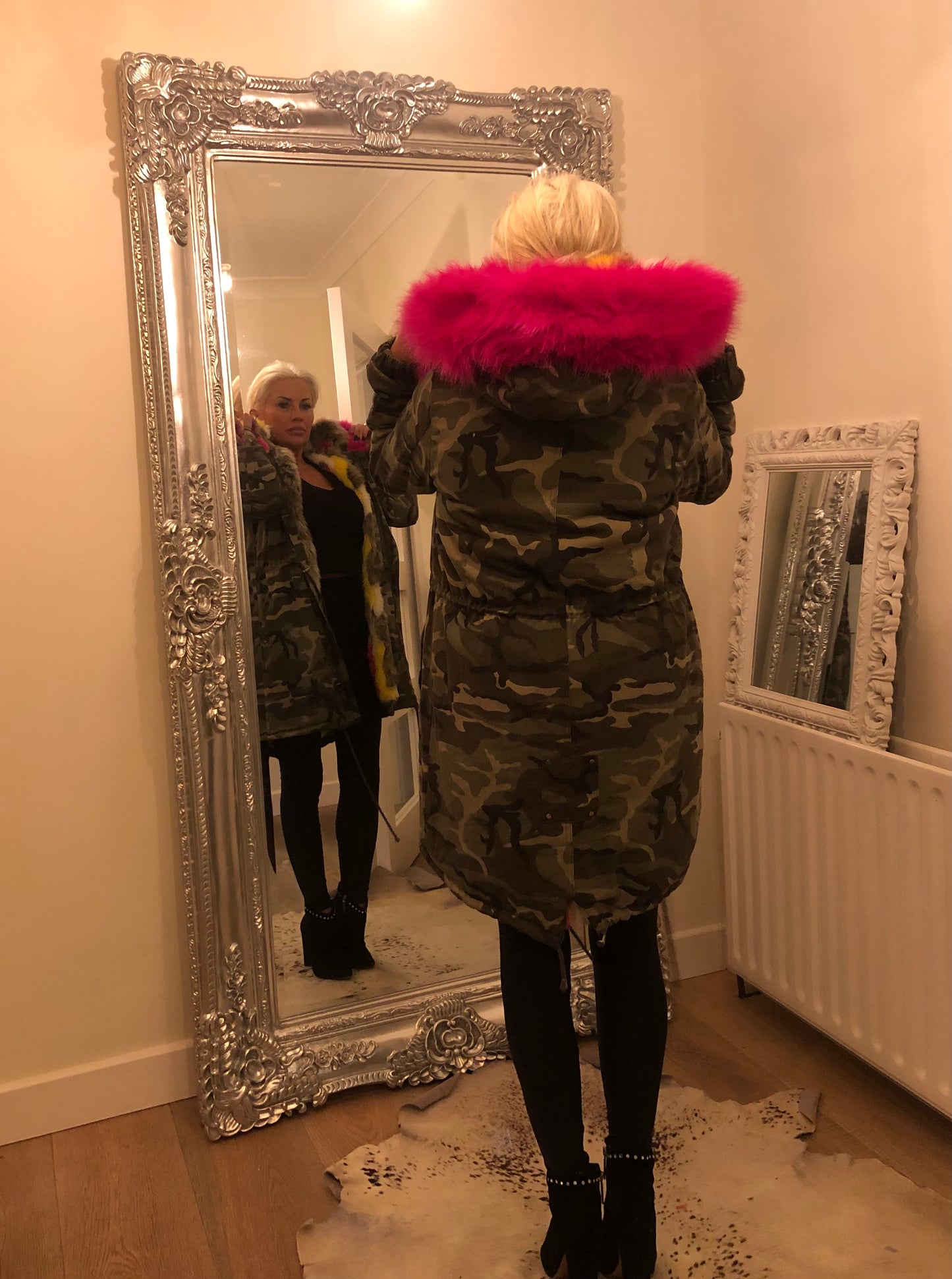 CAMO FUR LINED HOODED COAT