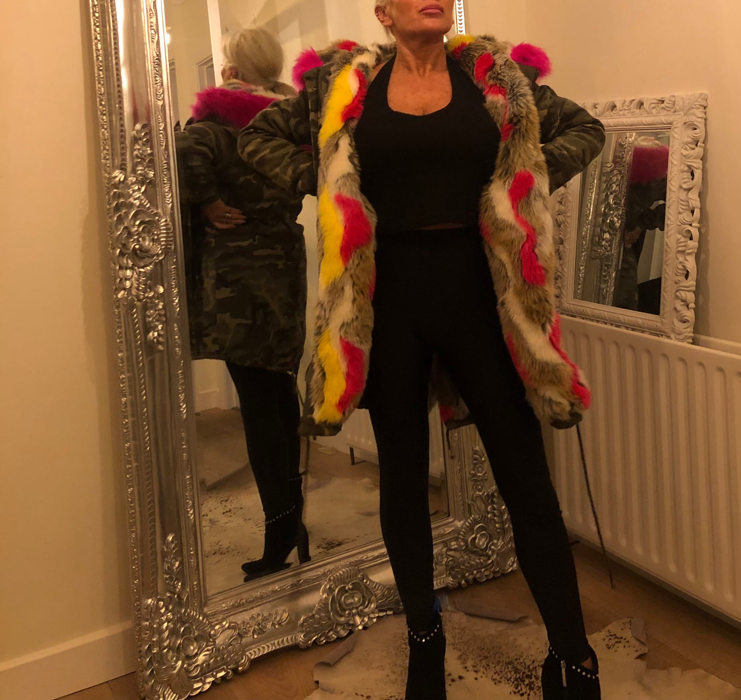 CAMO FUR LINED HOODED COAT