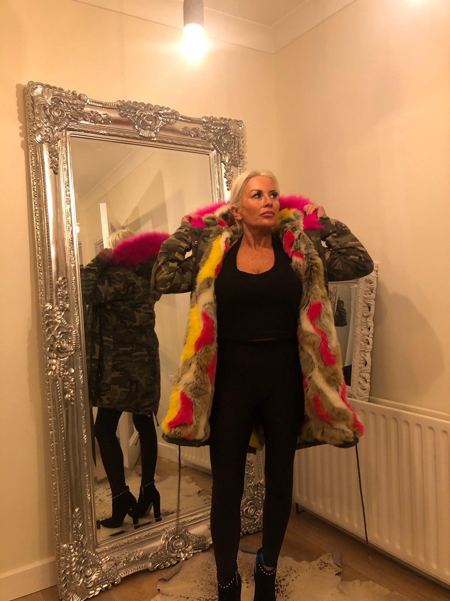 CAMO FUR LINED HOODED COAT