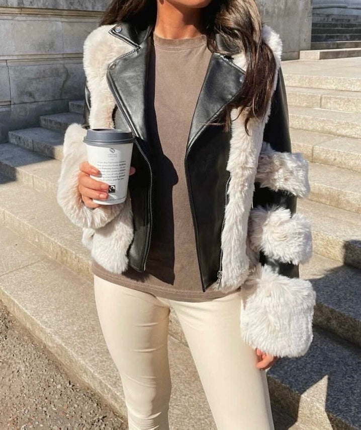 CREAM FUR /BLACK LEATHER JACKET