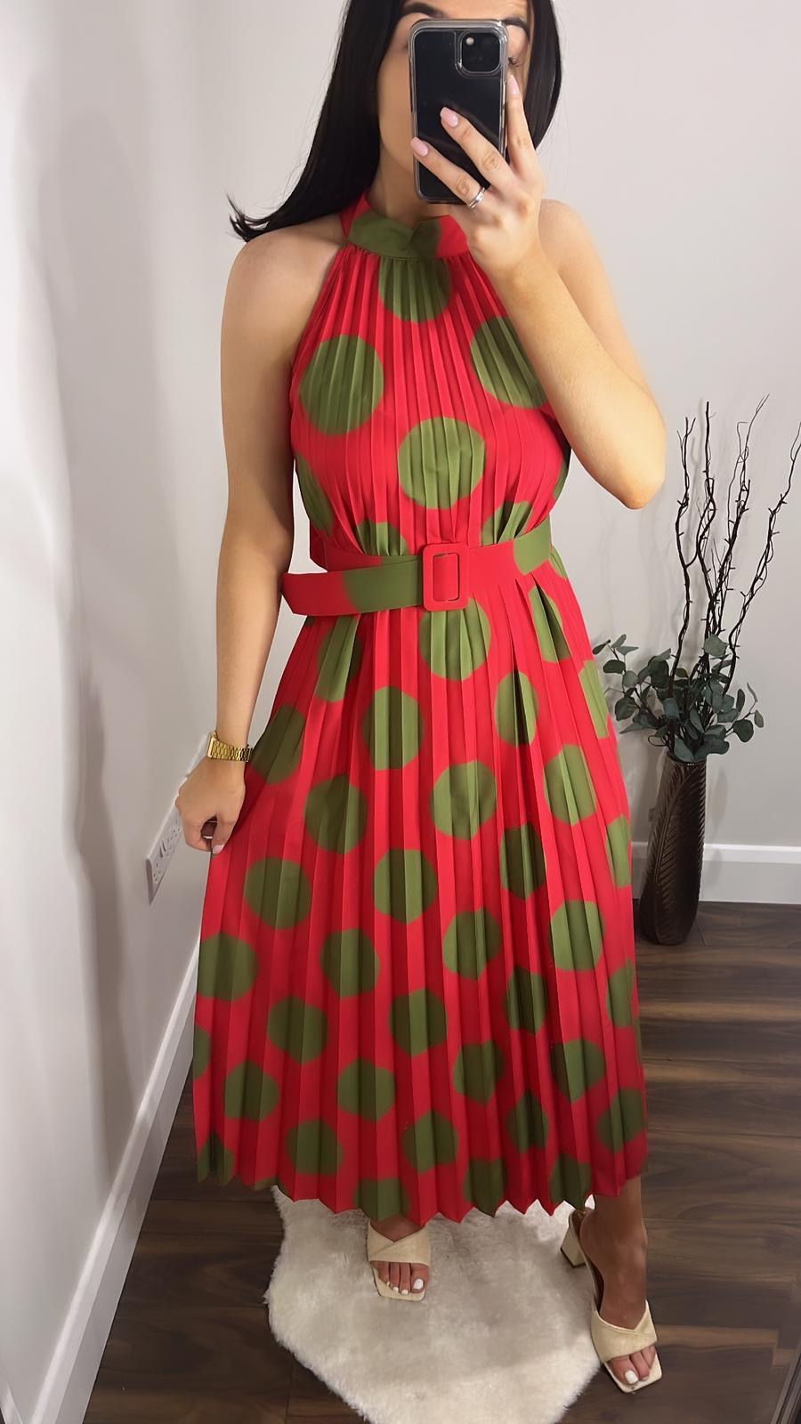 Pleated Red & Olive Halter Neck Polka Dot Midi Dress