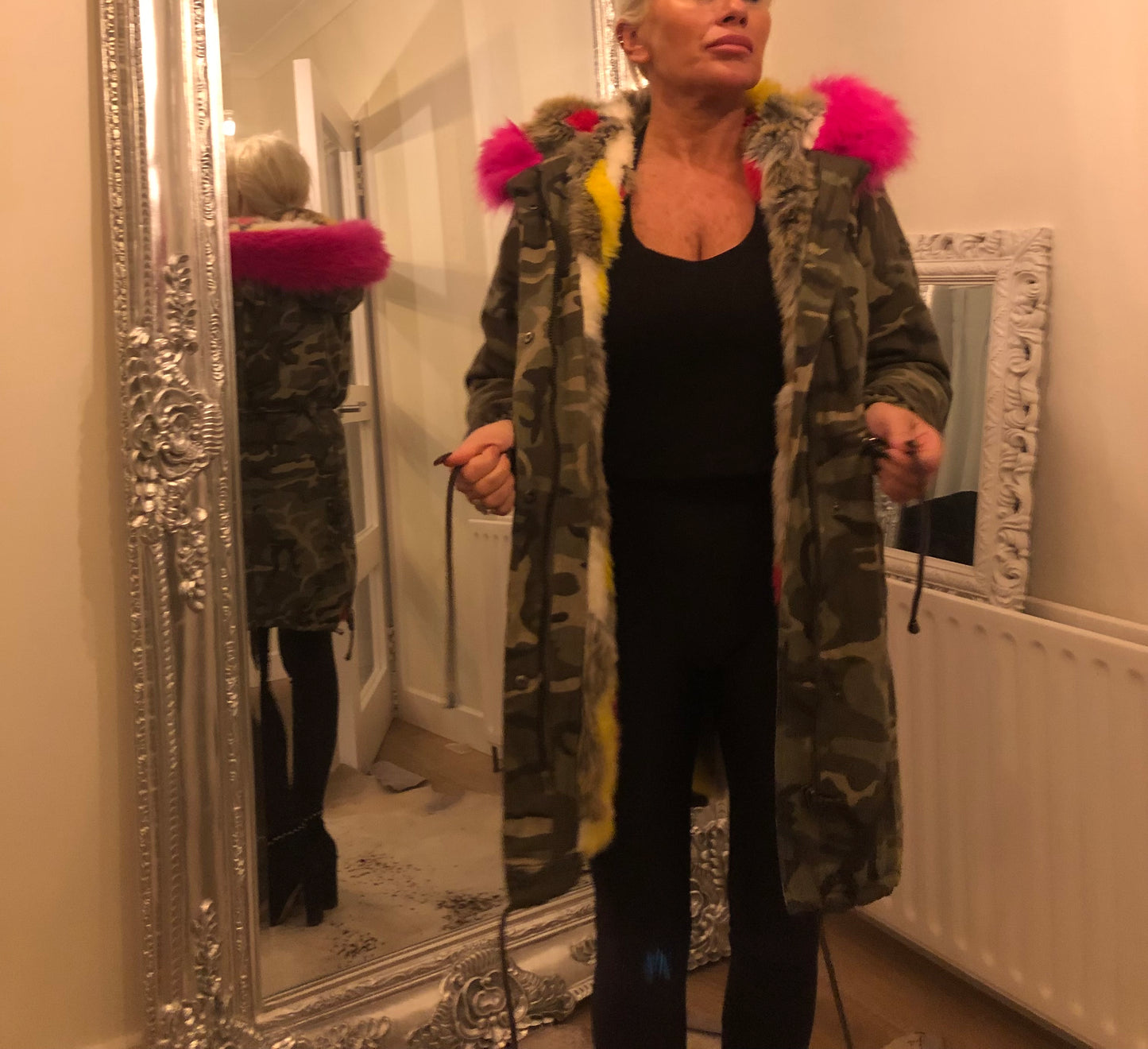 CAMO FUR LINED HOODED COAT