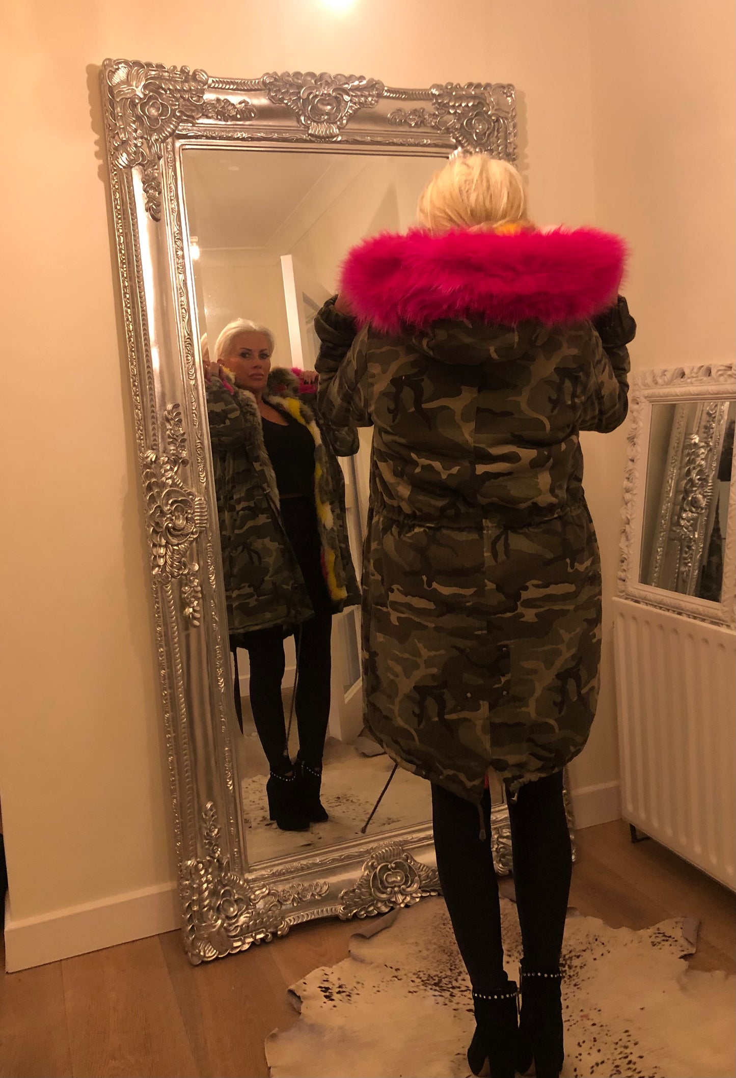CAMO FUR LINED HOODED COAT