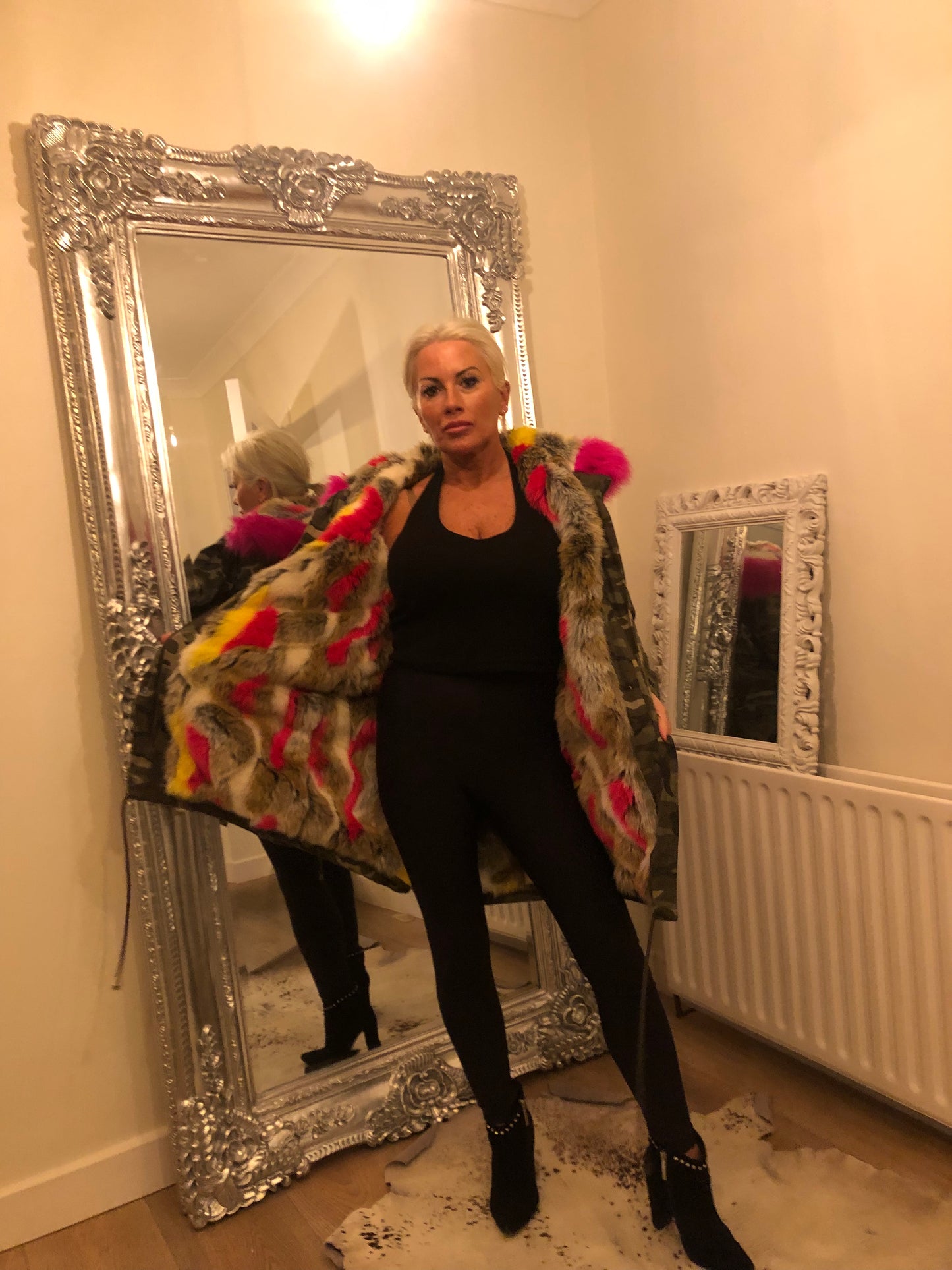 CAMO FUR LINED HOODED COAT