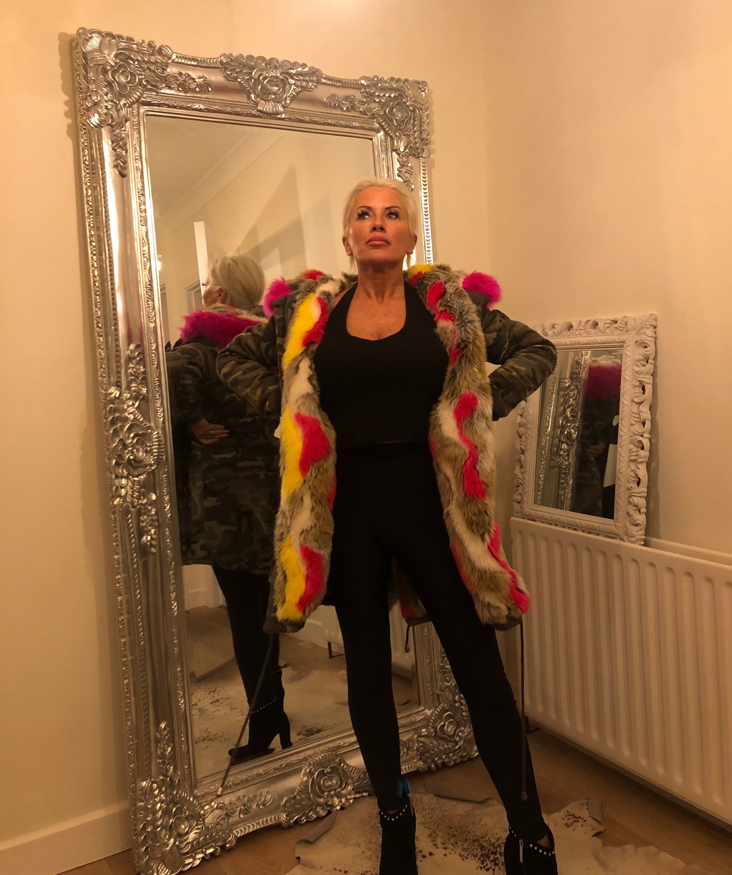 CAMO FUR LINED HOODED COAT