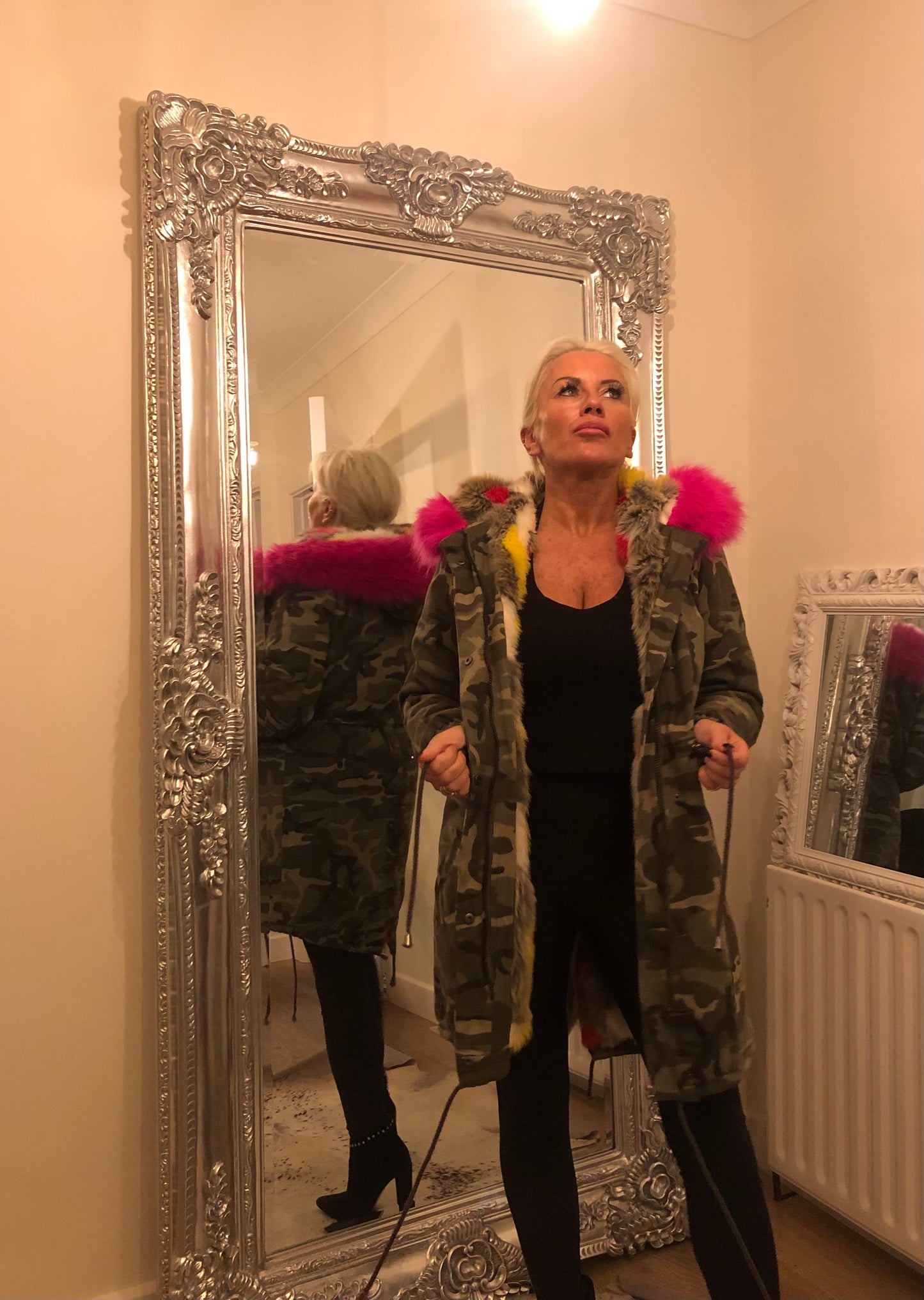 CAMO FUR LINED HOODED COAT