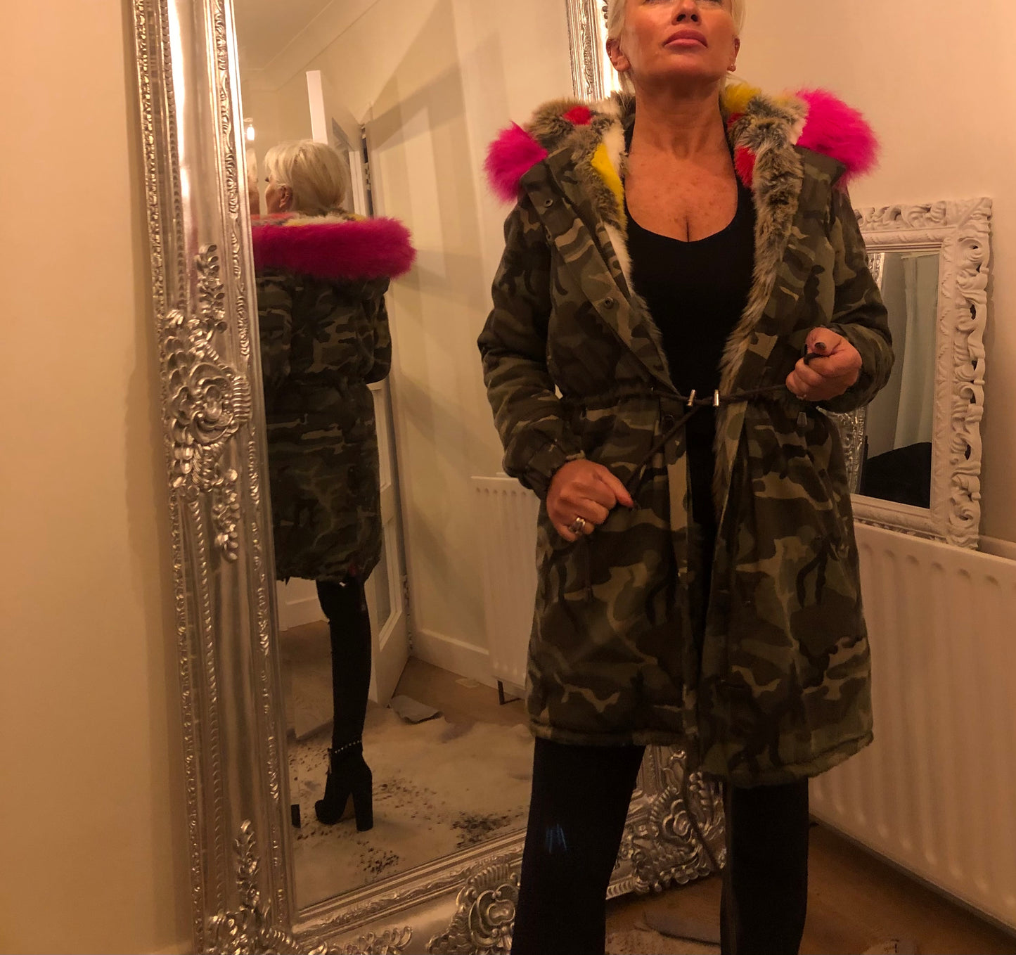 CAMO FUR LINED HOODED COAT