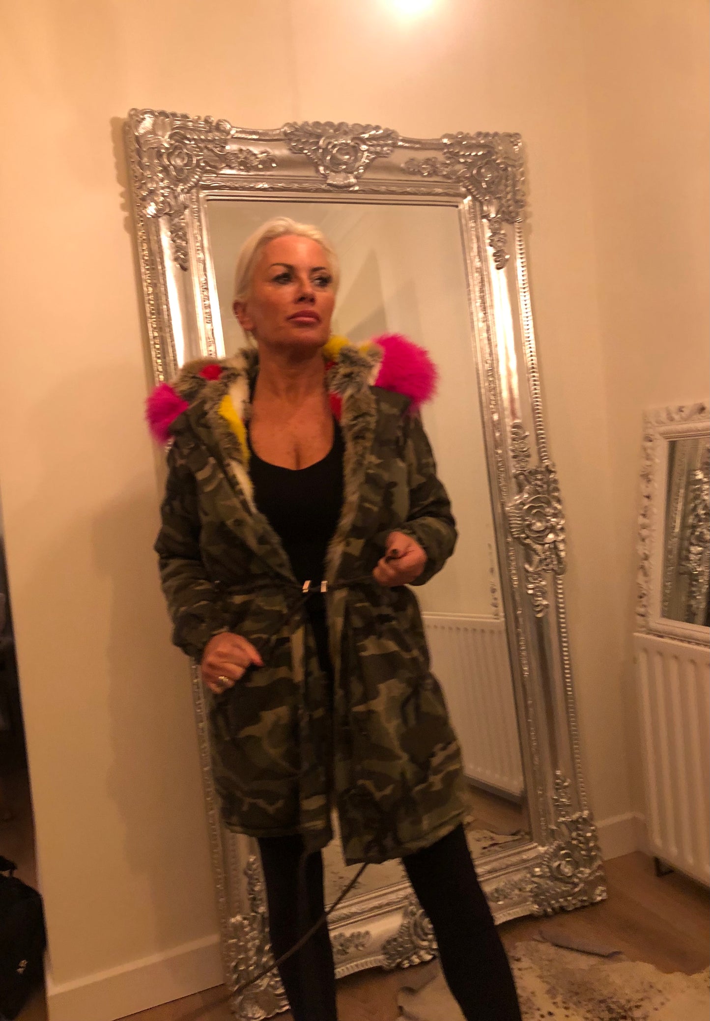 CAMO FUR LINED HOODED COAT