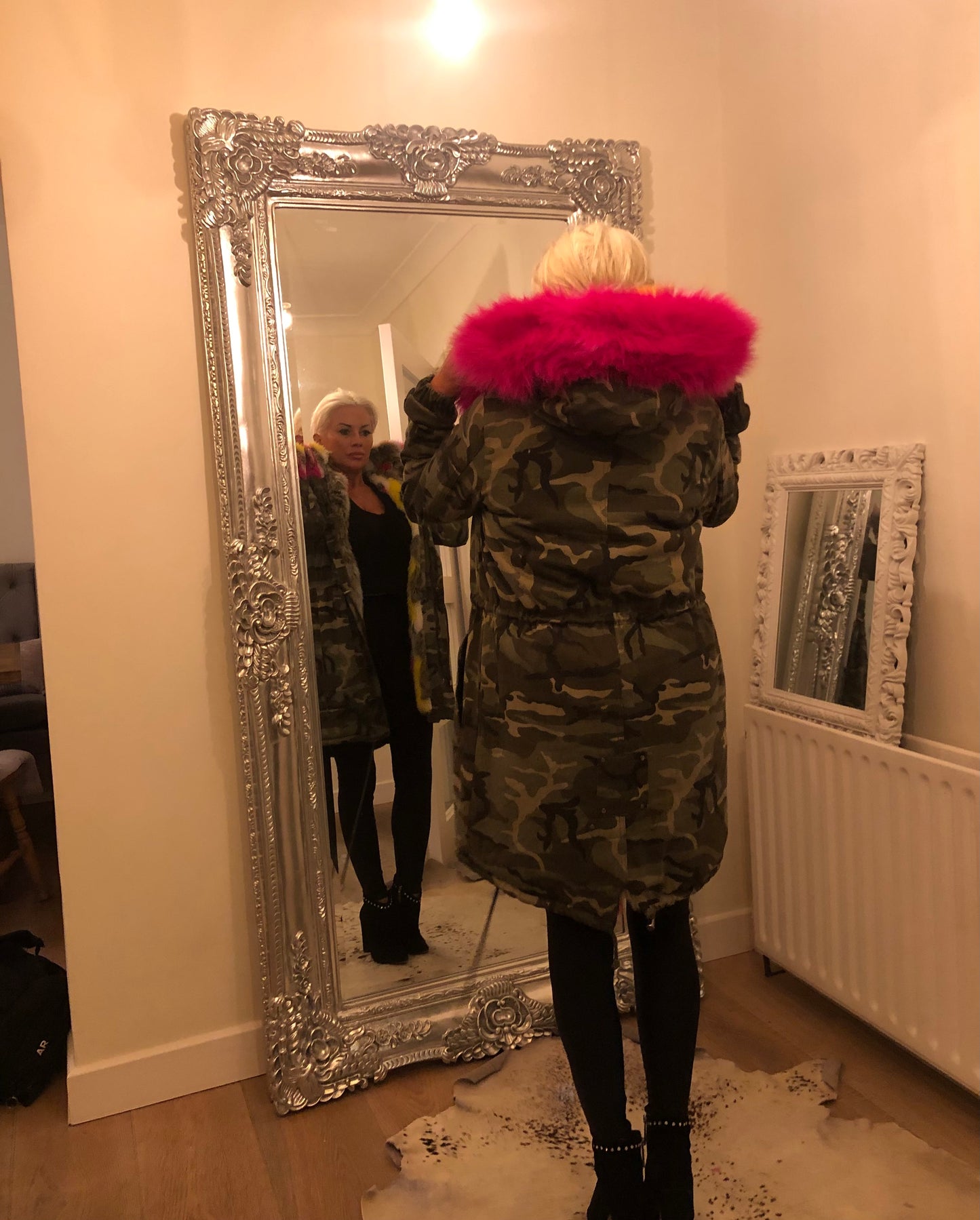 CAMO FUR LINED HOODED COAT