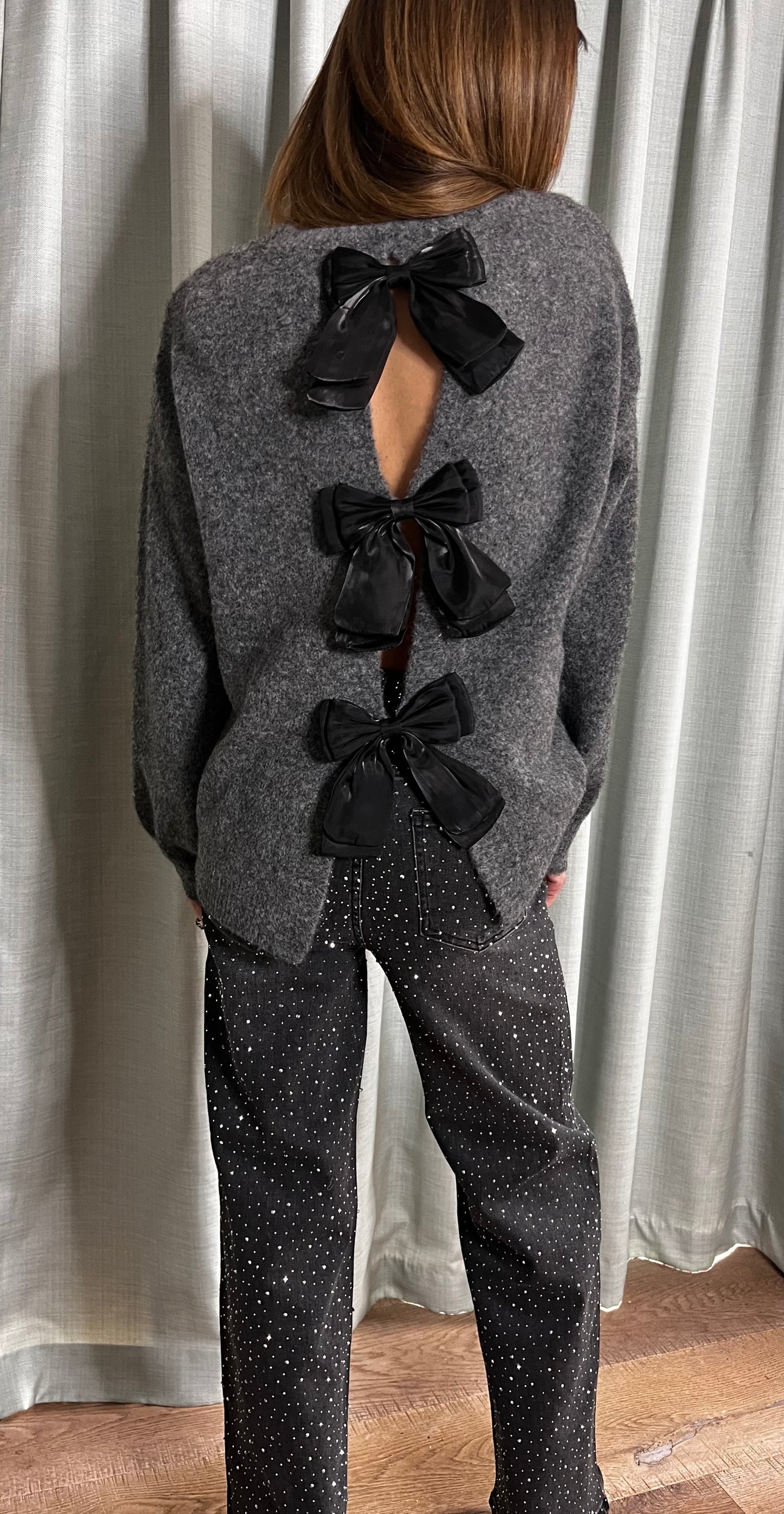 SATIN BOW CASHMERE LOOK KNIT GREY
