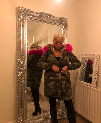 CAMO FUR LINED HOODED COAT