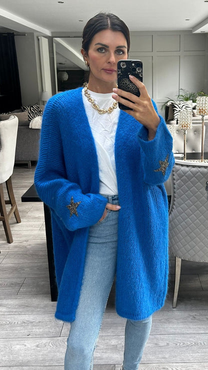 Blue Mohair Wool Long Cardigan Women Star Design Knit