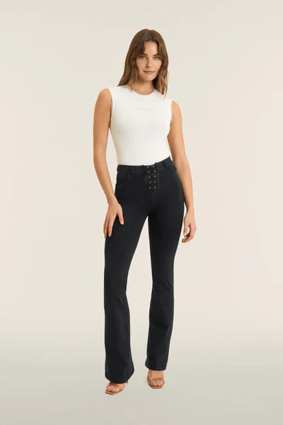 Freddy Lace Up Detail Black Denim High Waist Flares