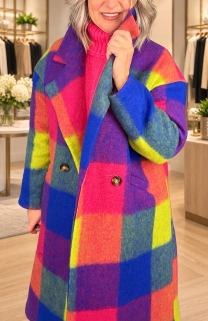 Rainbow Plaid Brushed Wool-Blend Coat