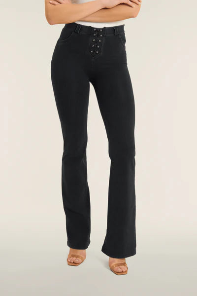 Freddy Lace Up Detail Black Denim High Waist Flares