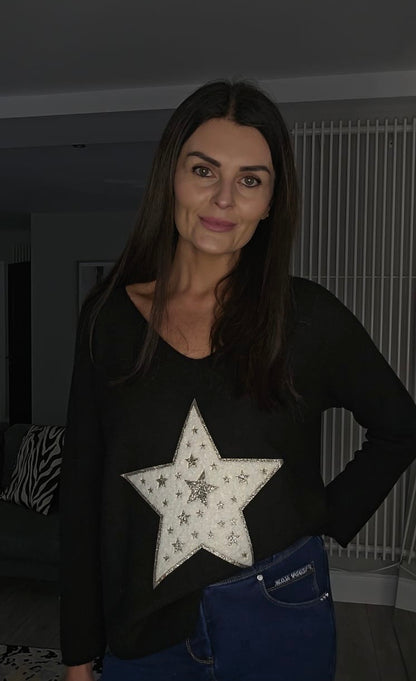 STAR KNIT VNECK KNIT BLACK