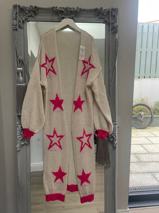 CREAM PINK STAR CARDI LONG