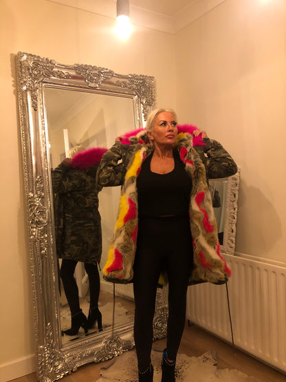 CAMO FUR LINED HOODED COAT