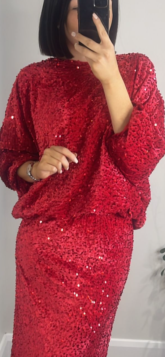 RED SOFT VELVET SEQUIN TOP