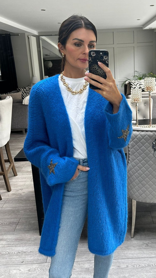 Blue Mohair Wool Long Cardigan Women Star Design Knit