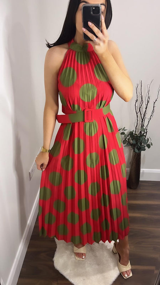 Pleated Red & Olive Halter Neck Polka Dot Midi Dress