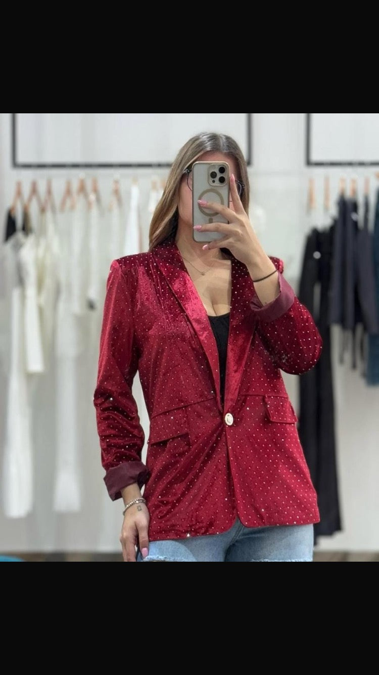 LARASFASHION SOFT RED VELVET SPARKLE BLAZER