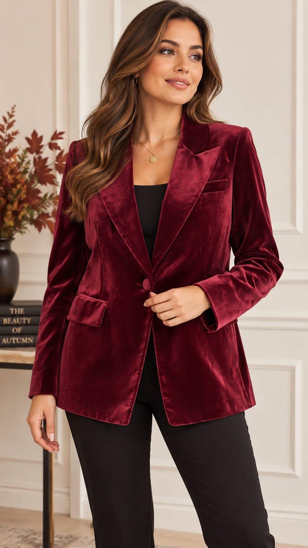 Velvet Peak Lapel Tailored Red Blazer
