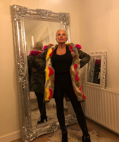 CAMO FUR LINED HOODED COAT