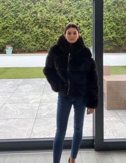 HOODED FAUX FUR BLACK JACKET