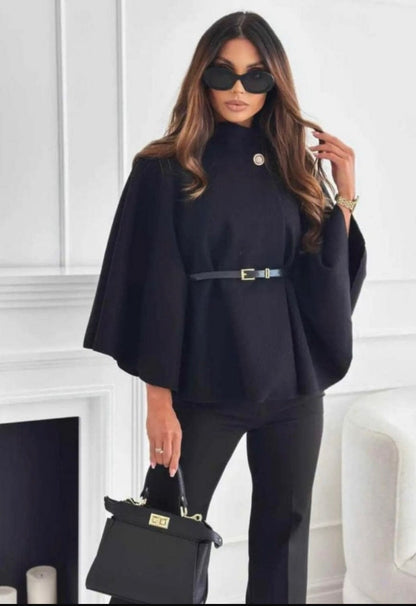 Black Belted Cape Women Elegant Coat Lara’s Fashion
