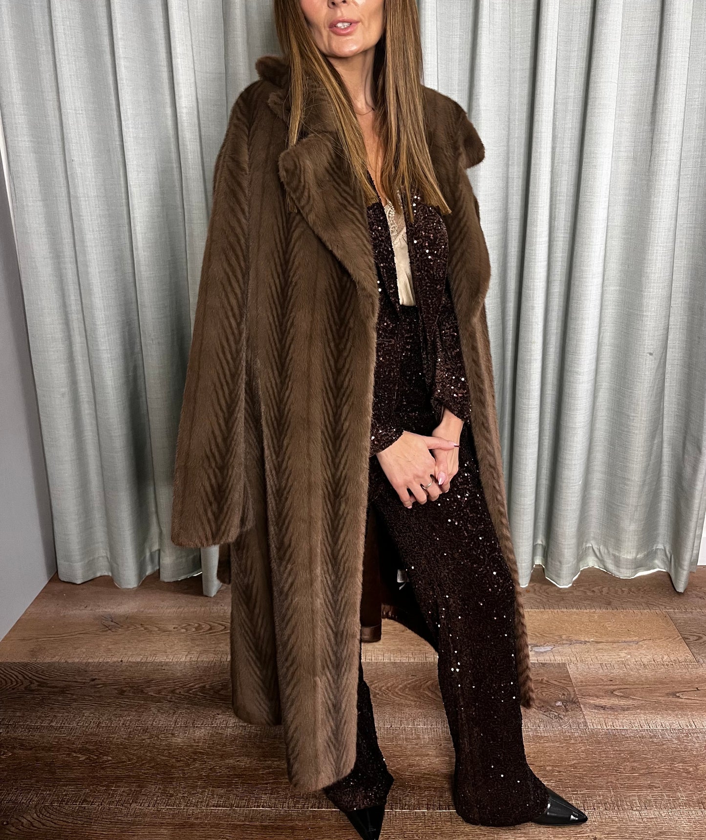 FUR BROWN BELTED COAT