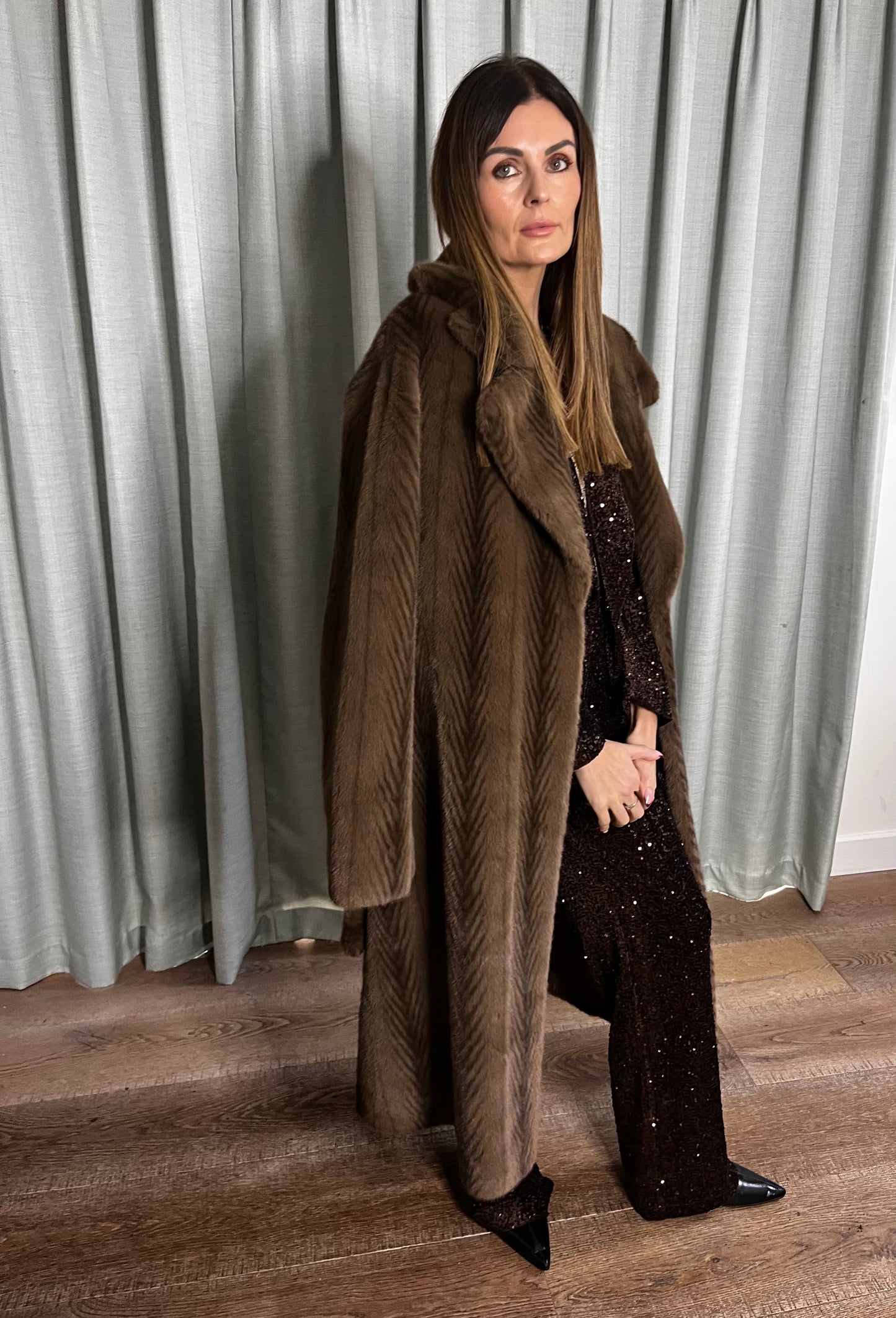 FUR BROWN BELTED COAT