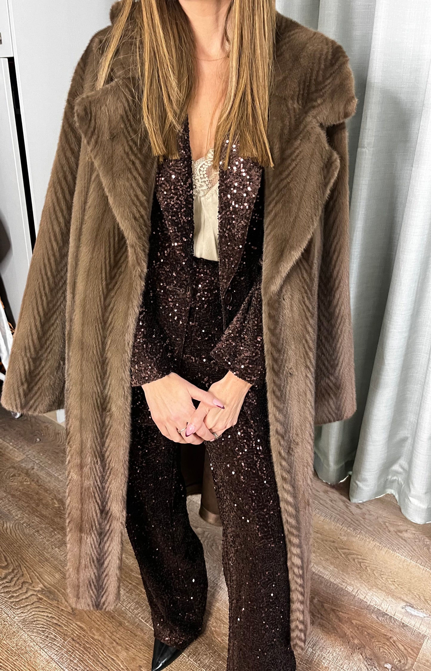 FUR BROWN BELTED COAT