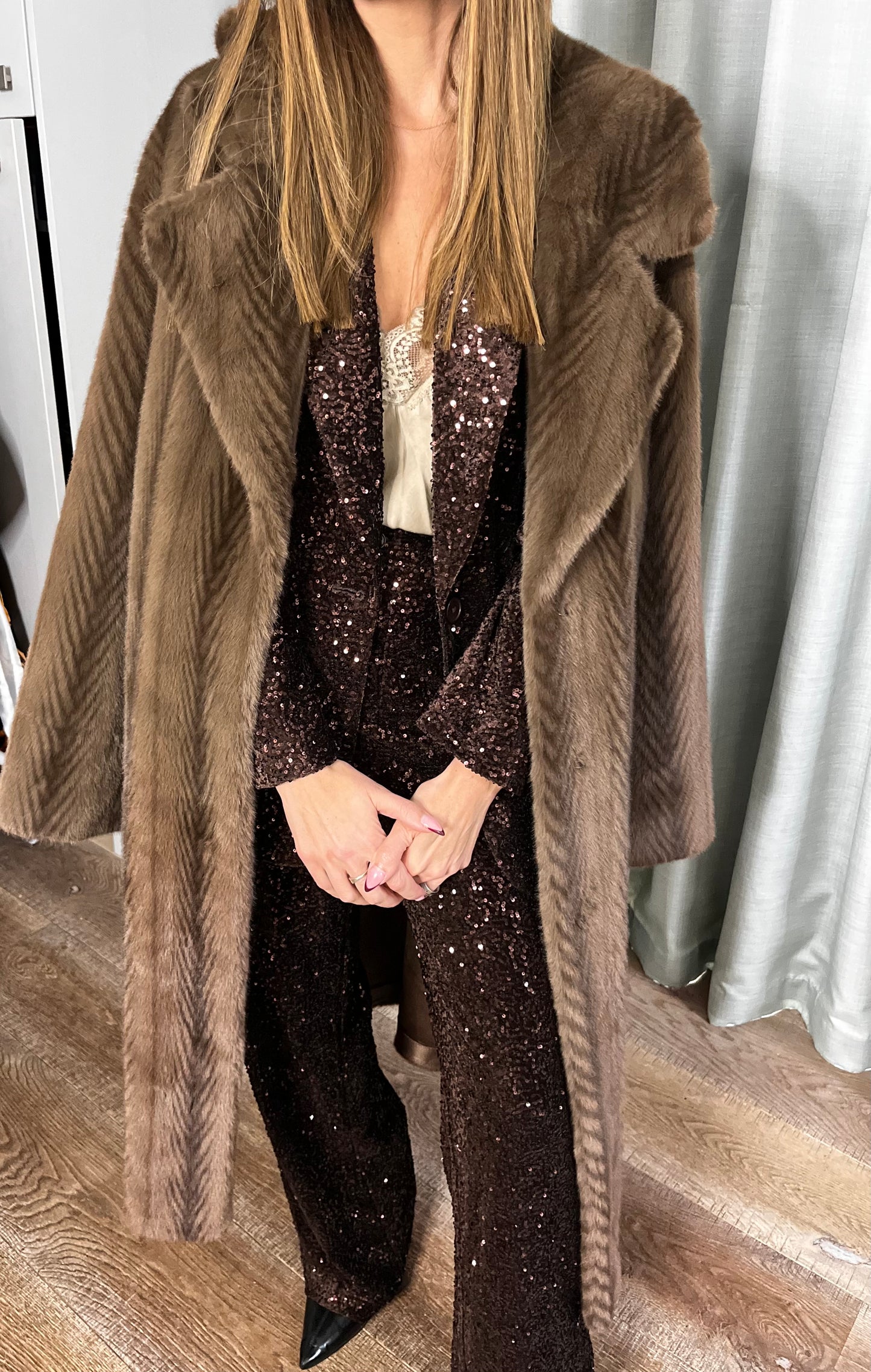 FUR BROWN BELTED COAT