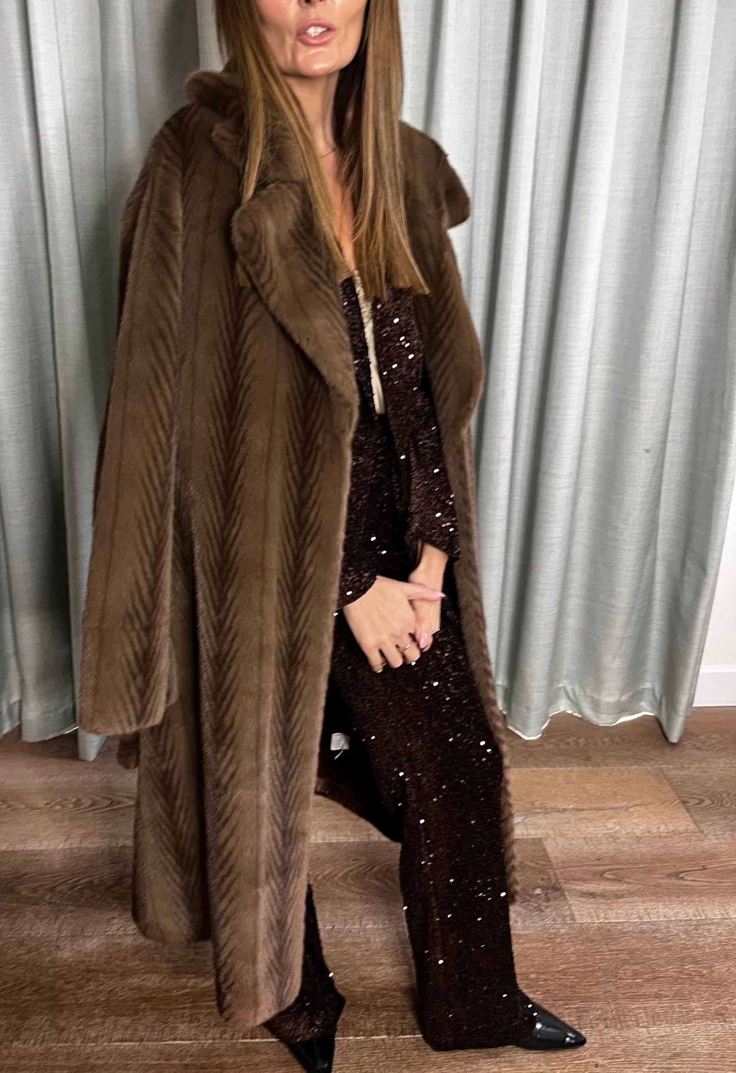 FUR BROWN BELTED COAT