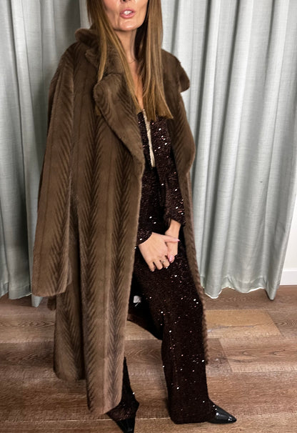 FUR BROWN BELTED COAT