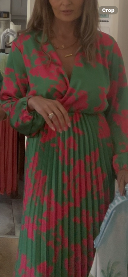 GREEN LONG PLEAT DRESS