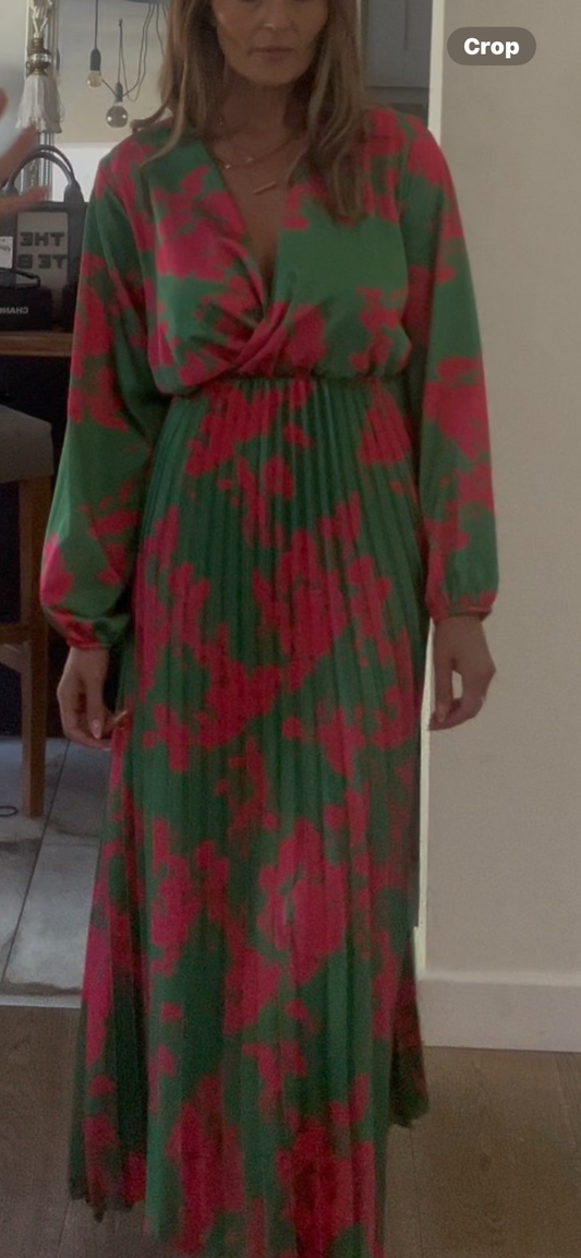 GREEN LONG PLEAT DRESS