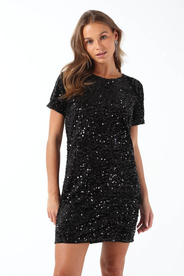 A SEQUIN SPARKLE BLACK DRESS