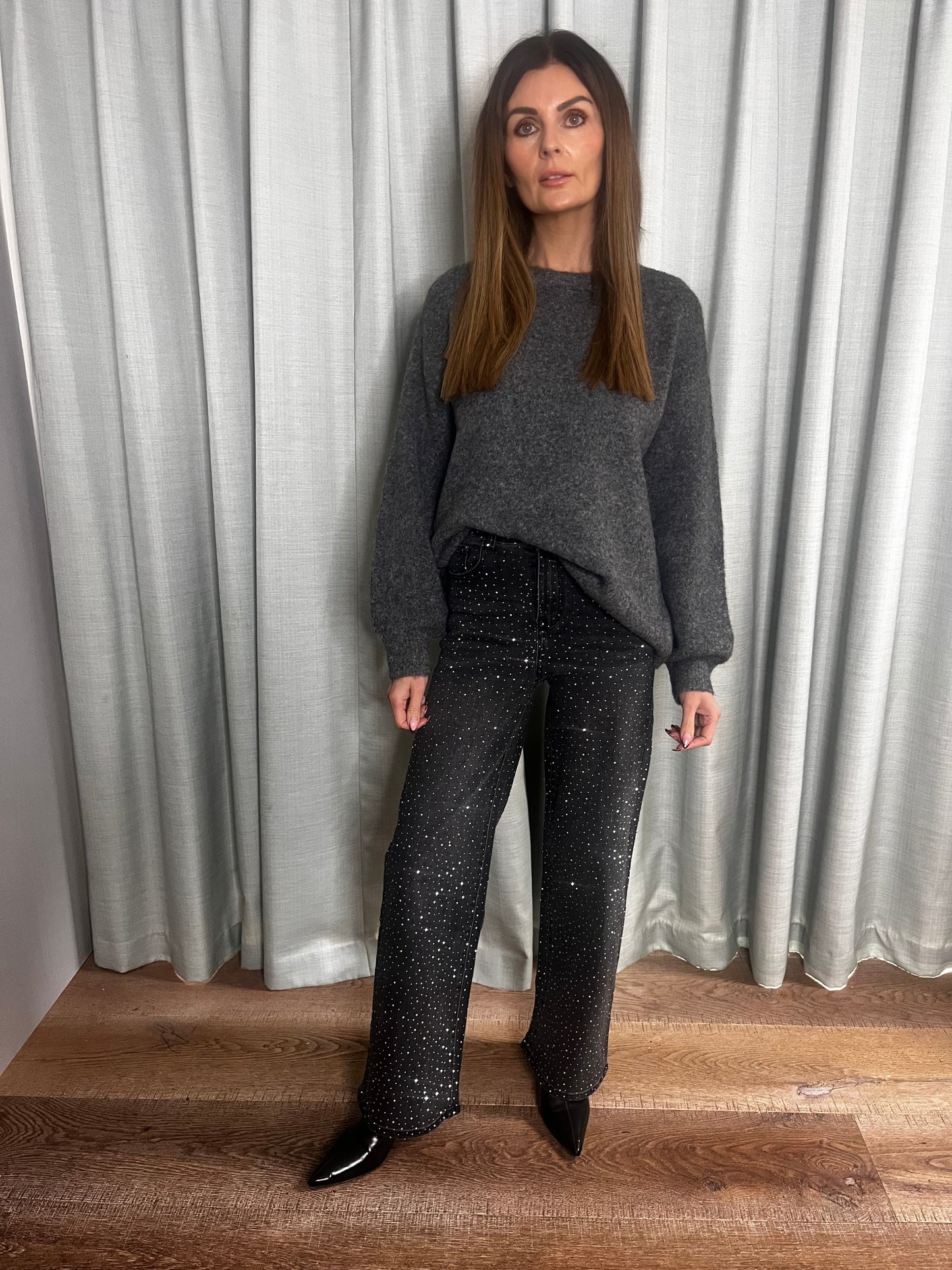 SATIN BOW CASHMERE LOOK KNIT GREY