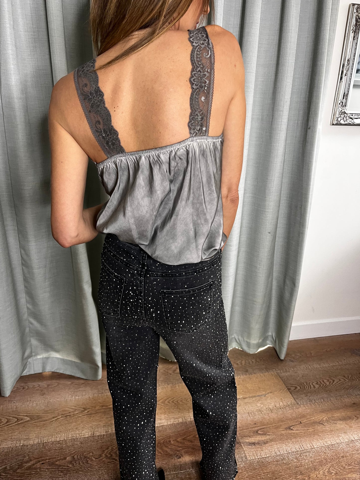 LACE SILK CAMI TOP GREY