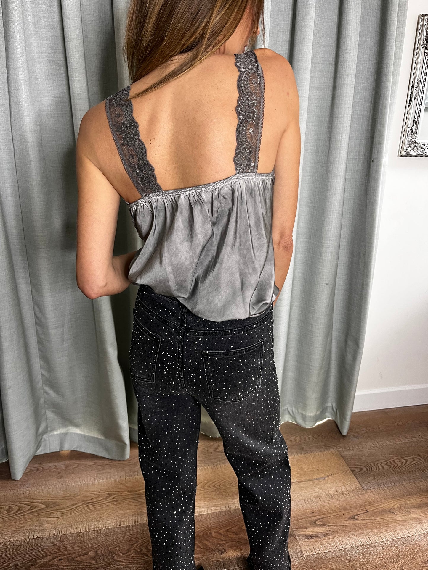 LACE SILK CAMI TOP GREY