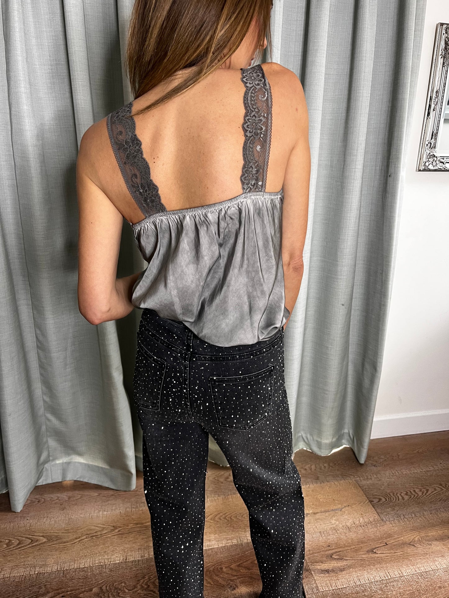 LACE SILK CAMI TOP GREY