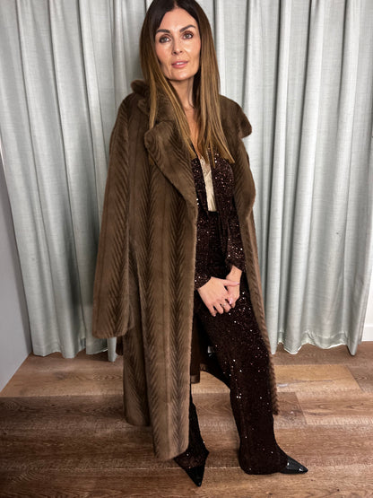 FUR BROWN BELTED COAT