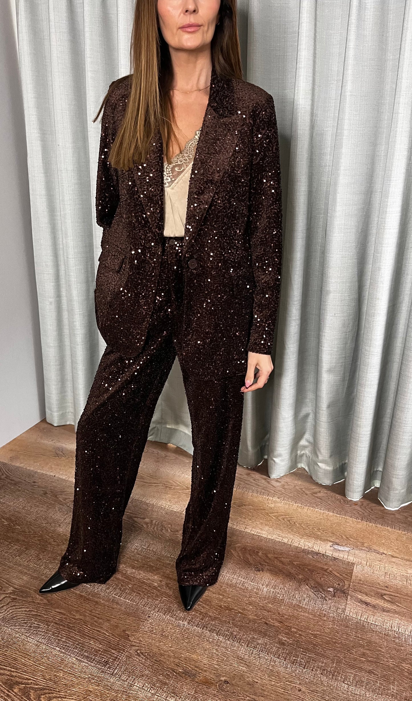 SEQUIN CHOCOLATE BROWN BLAZER