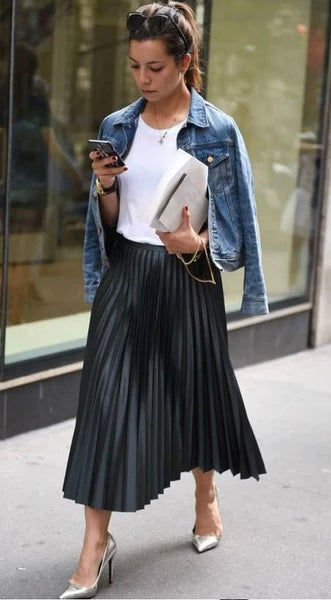 PLEATED LEATHER SATIN SKIRT